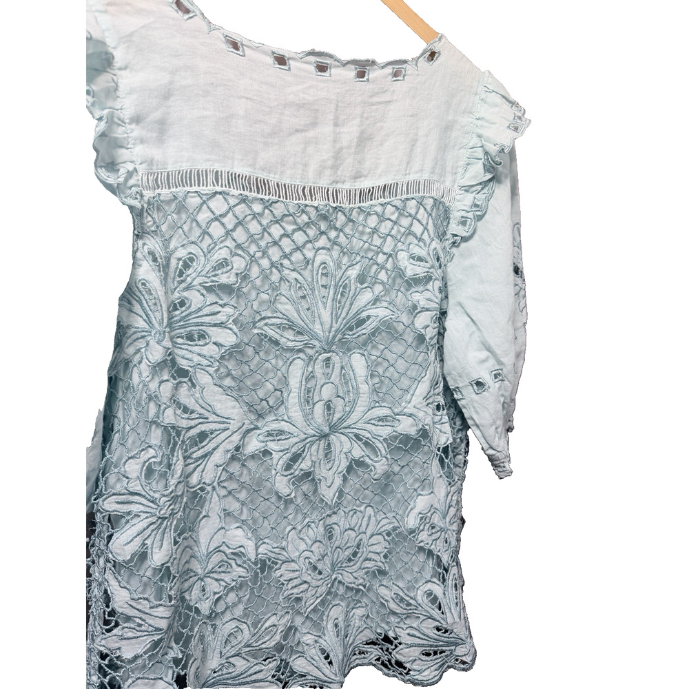 Sundance Lace Crochet Linen Blend Top Cottagecore Boho Prairie Skyblue Women Lg - Picture 12 of 15